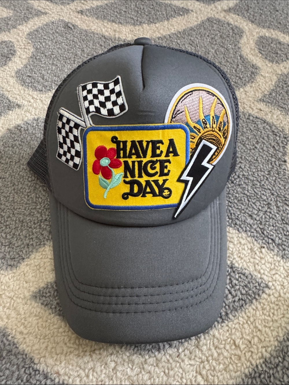 Gray "Have A Nice Day" Embroidered Patch Truckers Cap
